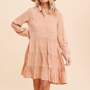 🟤NWT HEM & THREAD Tiered Shirt Dress in Soft Peach SMALL